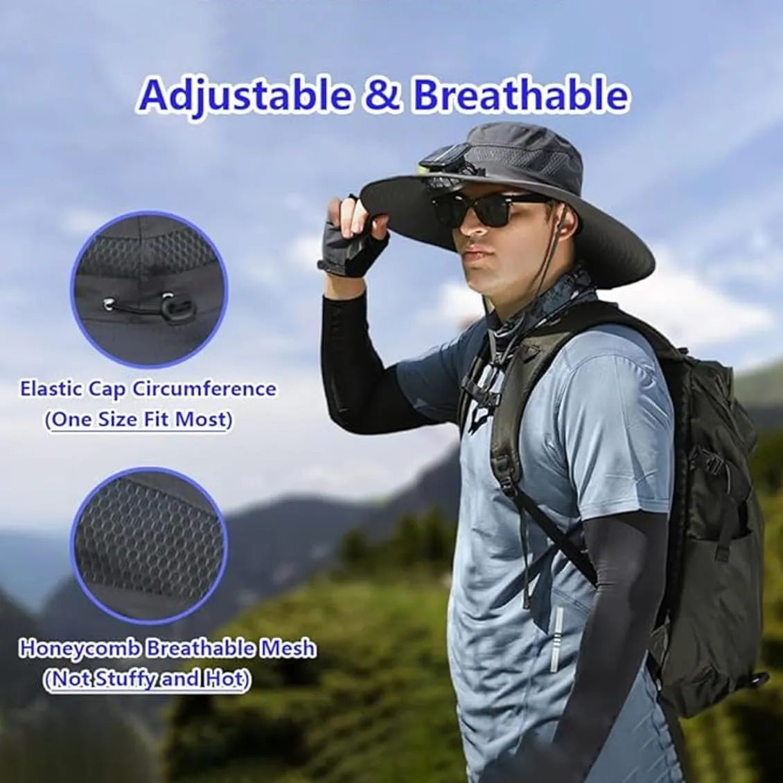 Accustomas Solar Hat, Accustomas Hat with Fans Solar Power, Wide Brim Sun hat Outdoor Fishing Hats with 2 Solar Fan