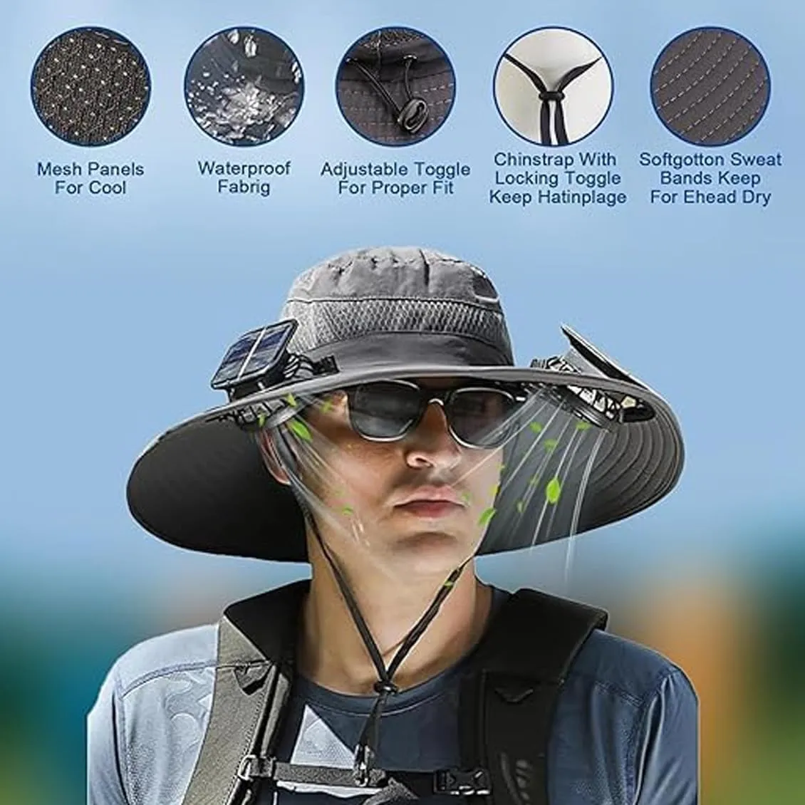 Accustomas Solar Hat, Accustomas Hat with Fans Solar Power, Wide Brim Sun hat Outdoor Fishing Hats with 2 Solar Fan