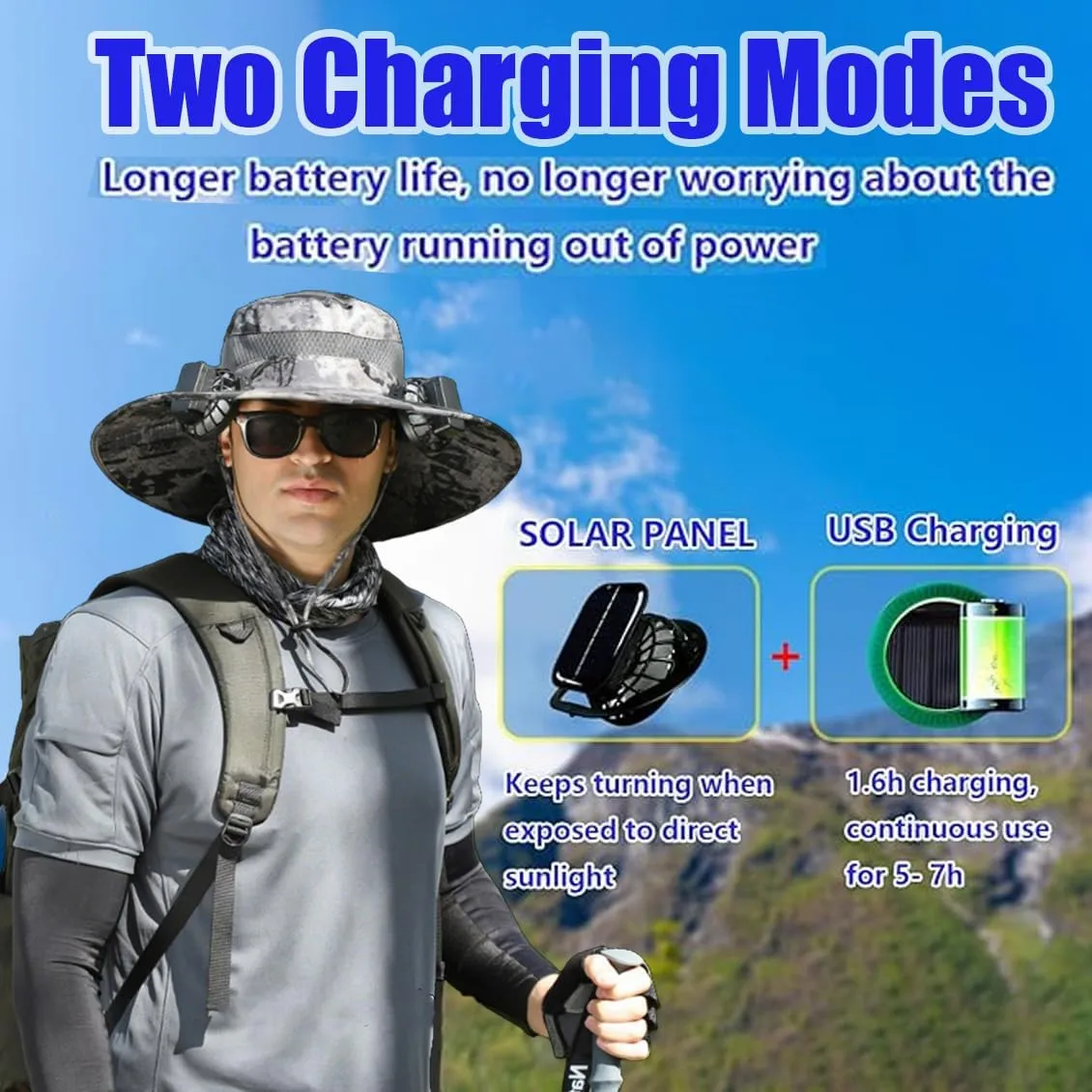Accustomas Solar Hat, Accustomas Hat with Fans Solar Power, Wide Brim Sun hat Outdoor Fishing Hats with 2 Solar Fan