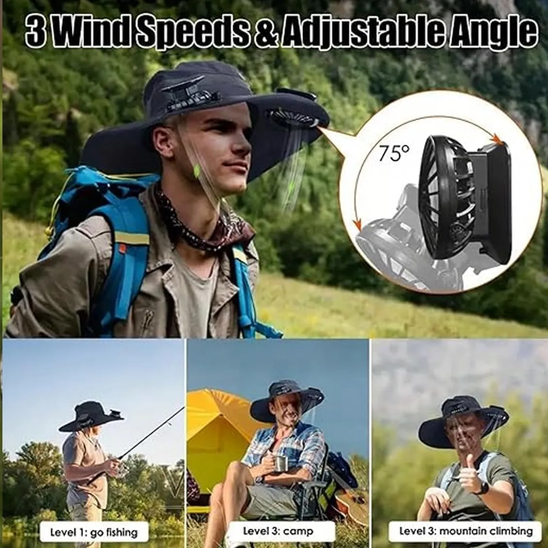 Accustomas Solar Hat, Accustomas Hat with Fans Solar Power, Wide Brim Sun hat Outdoor Fishing Hats with 2 Solar Fan