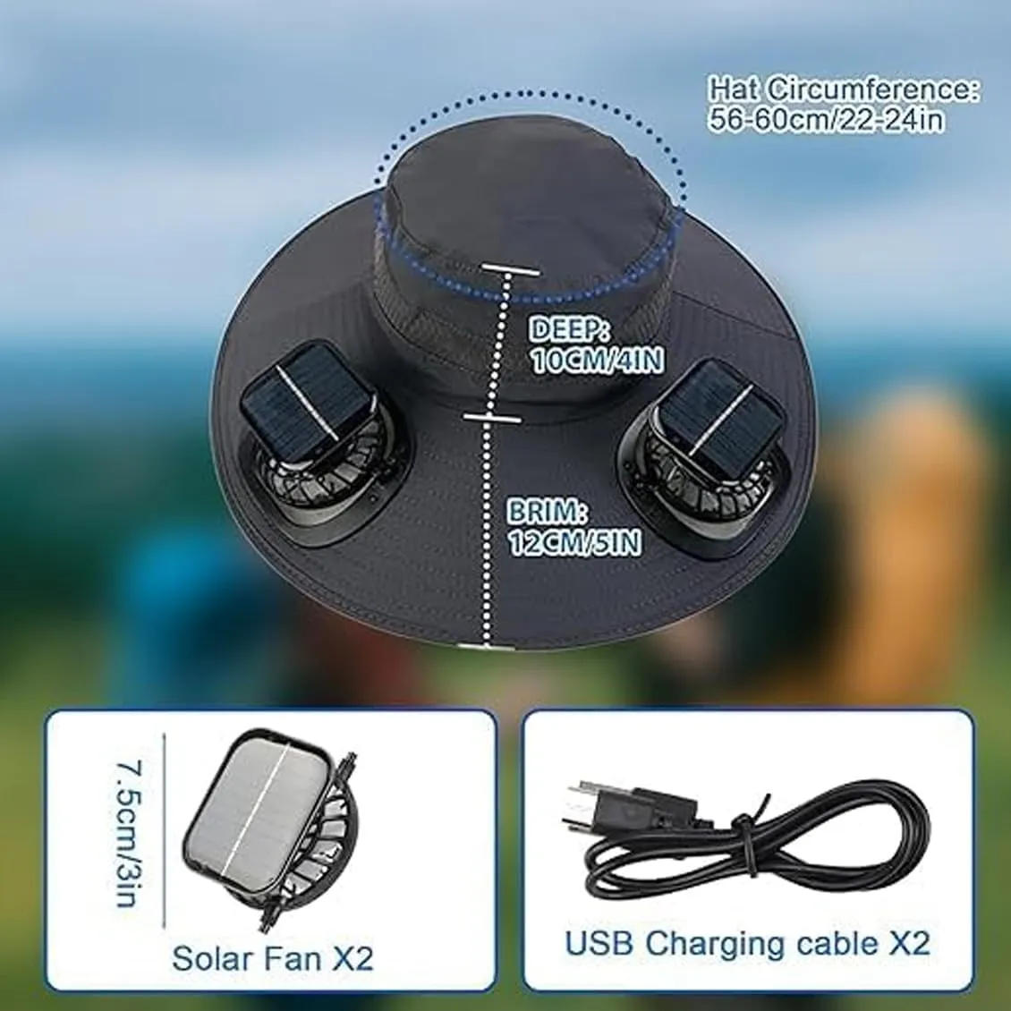 Accustomas Solar Hat, Accustomas Hat with Fans Solar Power, Wide Brim Sun hat Outdoor Fishing Hats with 2 Solar Fan