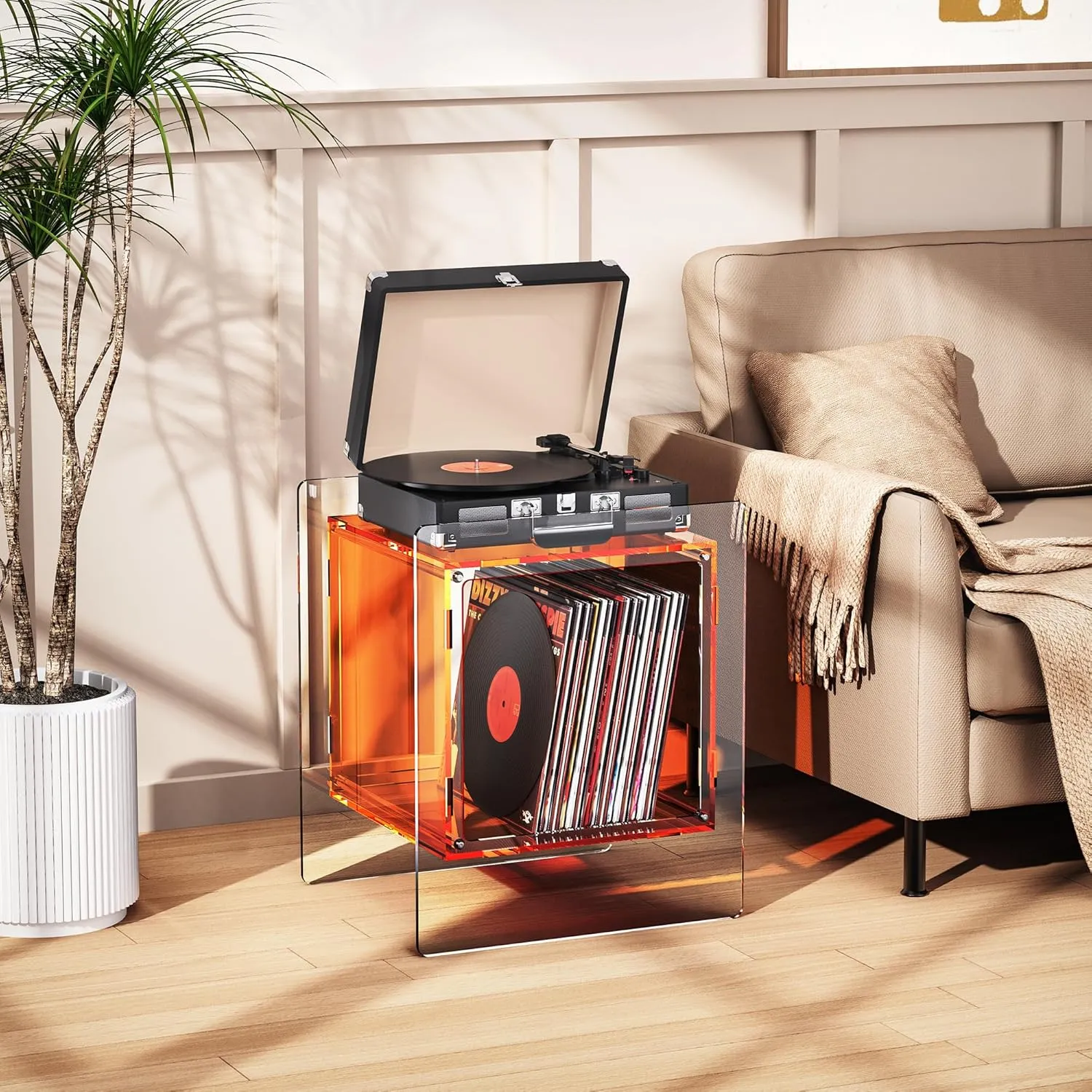 Acrylic Nightstand Colorful Bedside Table with Open Storage Shelf,Clear Side Table for Living Room (1, Orange)