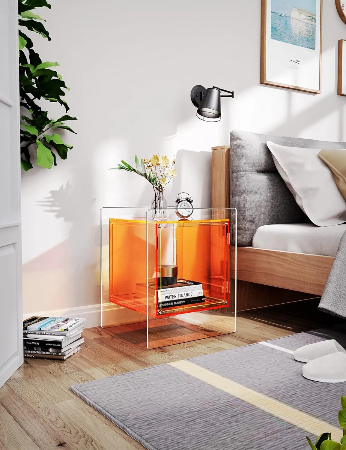Acrylic Nightstand Colorful Bedside Table with Open Storage Shelf,Clear Side Table for Living Room (1, Orange)