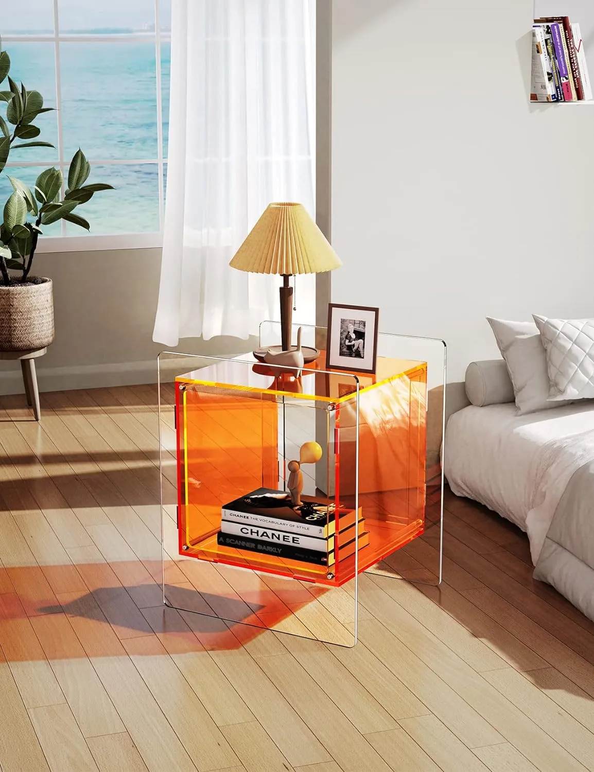 Acrylic Nightstand Colorful Bedside Table with Open Storage Shelf,Clear Side Table for Living Room (1, Orange)