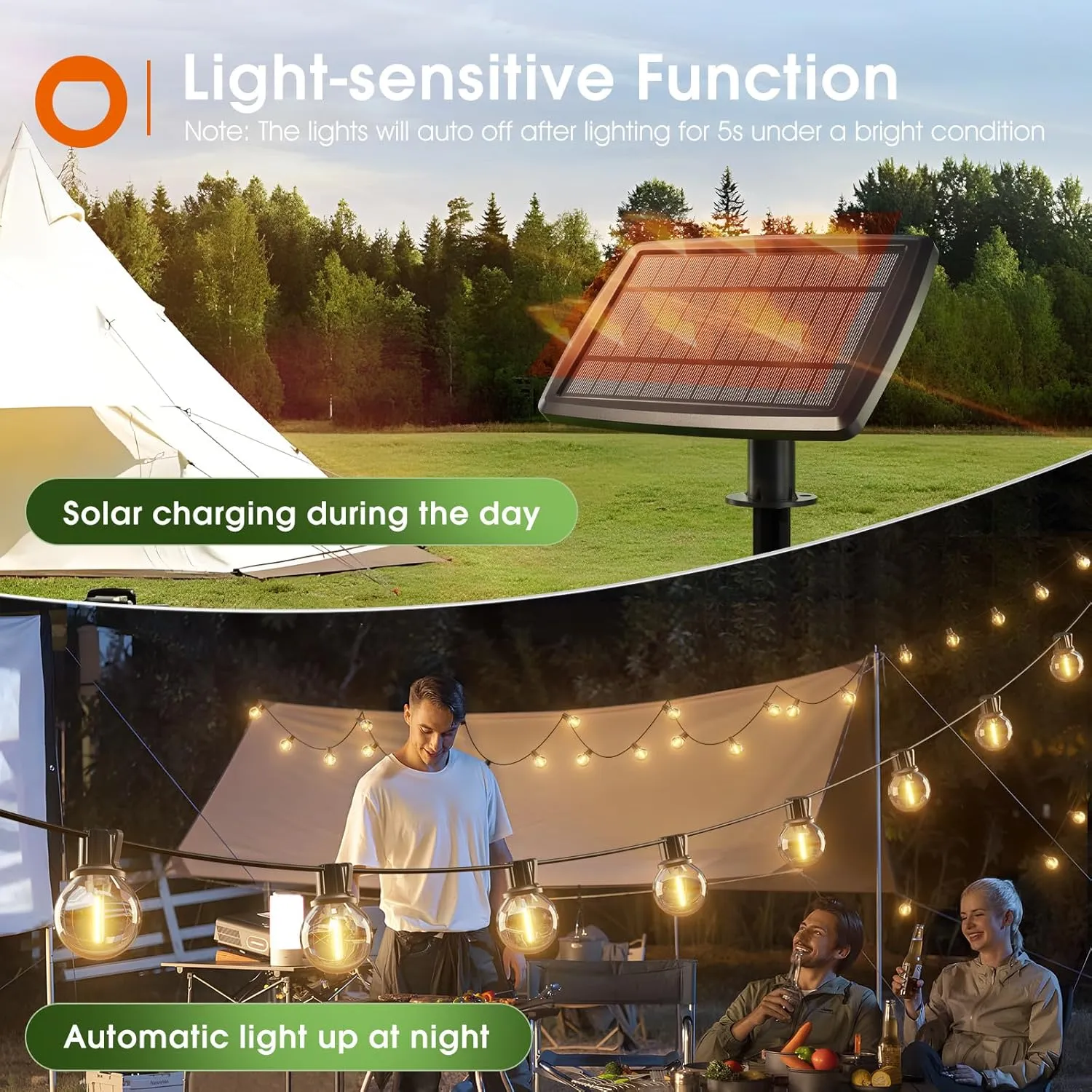 addlon 56FT(50 6) Solar String Lights Outdoor with Remote, 27 Shatterproof G40 Bulbs, Solar Powered & USB Charging Patio Lights, Dimmable Waterproof Solar String Lights for Outside, Camping, Backyard