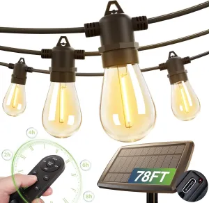 addlon 78(72 6) FT Solar String Lights Outdoor Waterproof with USB Port & Remote Control Solar Patio Lights Long Last for 20 Hrs Dimmable Solar Power LED Bulbs Hanging for Porch Garden Market Bistro