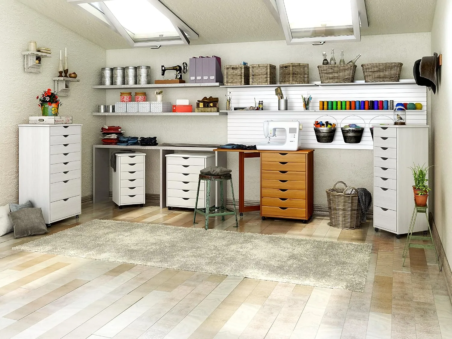 Adeptus Original Roll Cart, Solid Wood, 6 2 Drawer Extra Wide Drawers Roll Carts, White