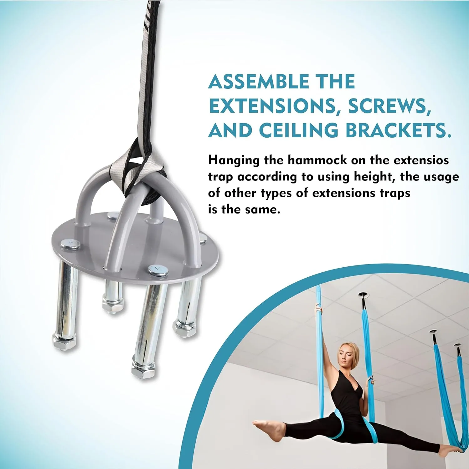 Aerial Silks Kit - 2 Daisy Chains, 2 Stainless Steel Carabiners, 8 Expansion Screws for Concrete Structure, 2 Ceiling Brackets for Aerial Arts & Soft