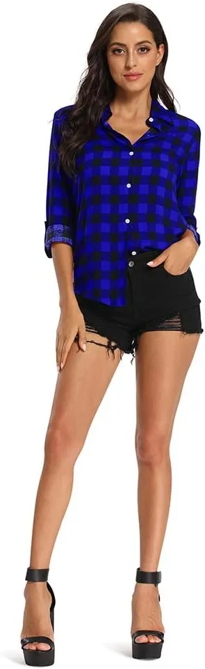 Aeslech Lightweight Plaid Shirts for Women Button Down Roll Up Sleeve Casual Tops Blouse