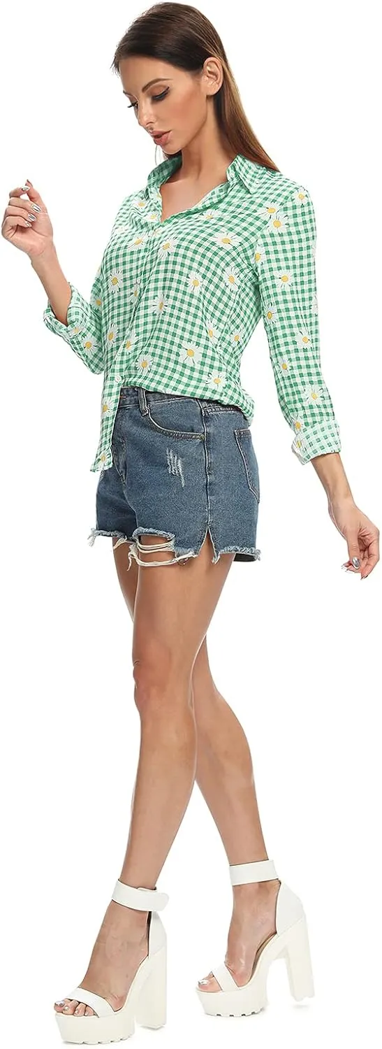 Aeslech Lightweight Plaid Shirts for Women Button Down Roll Up Sleeve Casual Tops Blouse