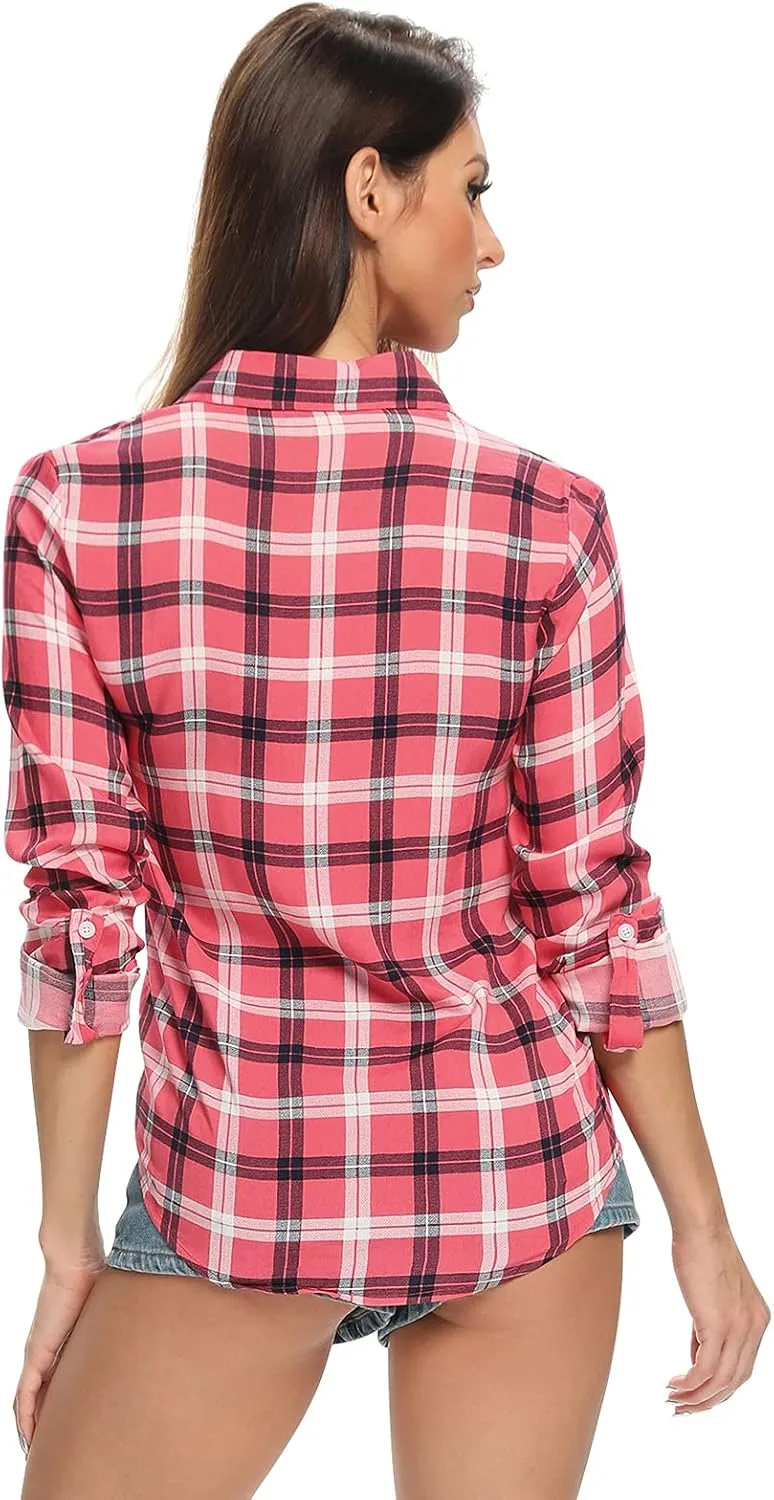 Aeslech Lightweight Plaid Shirts for Women Button Down Roll Up Sleeve Casual Tops Blouse
