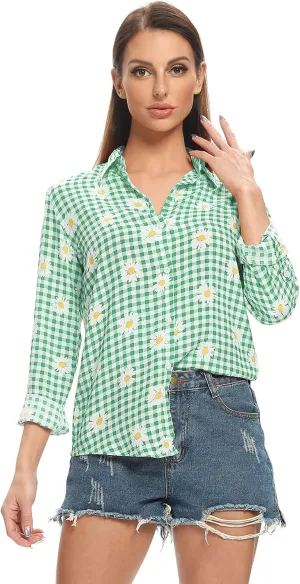 Aeslech Lightweight Plaid Shirts for Women Button Down Roll Up Sleeve Casual Tops Blouse