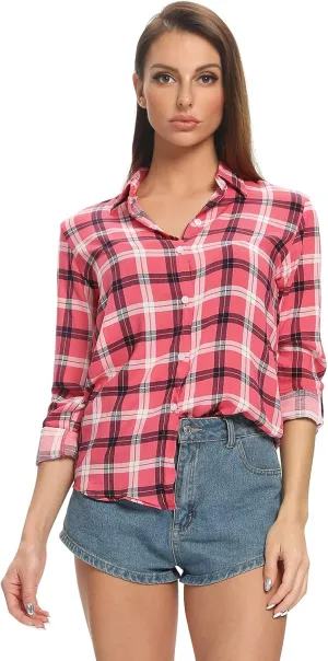 Aeslech Lightweight Plaid Shirts for Women Button Down Roll Up Sleeve Casual Tops Blouse