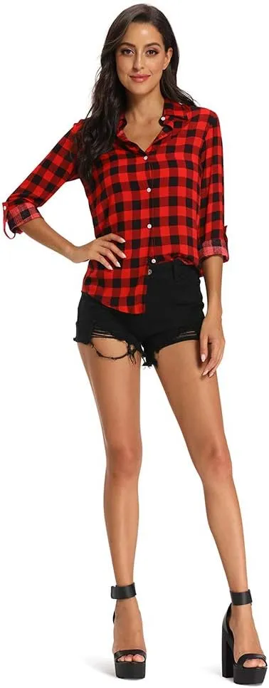 Aeslech Lightweight Plaid Shirts for Women Button Down Roll Up Sleeve Casual Tops Blouse