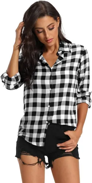 Aeslech Lightweight Plaid Shirts for Women Button Down Roll Up Sleeve Casual Tops Blouse