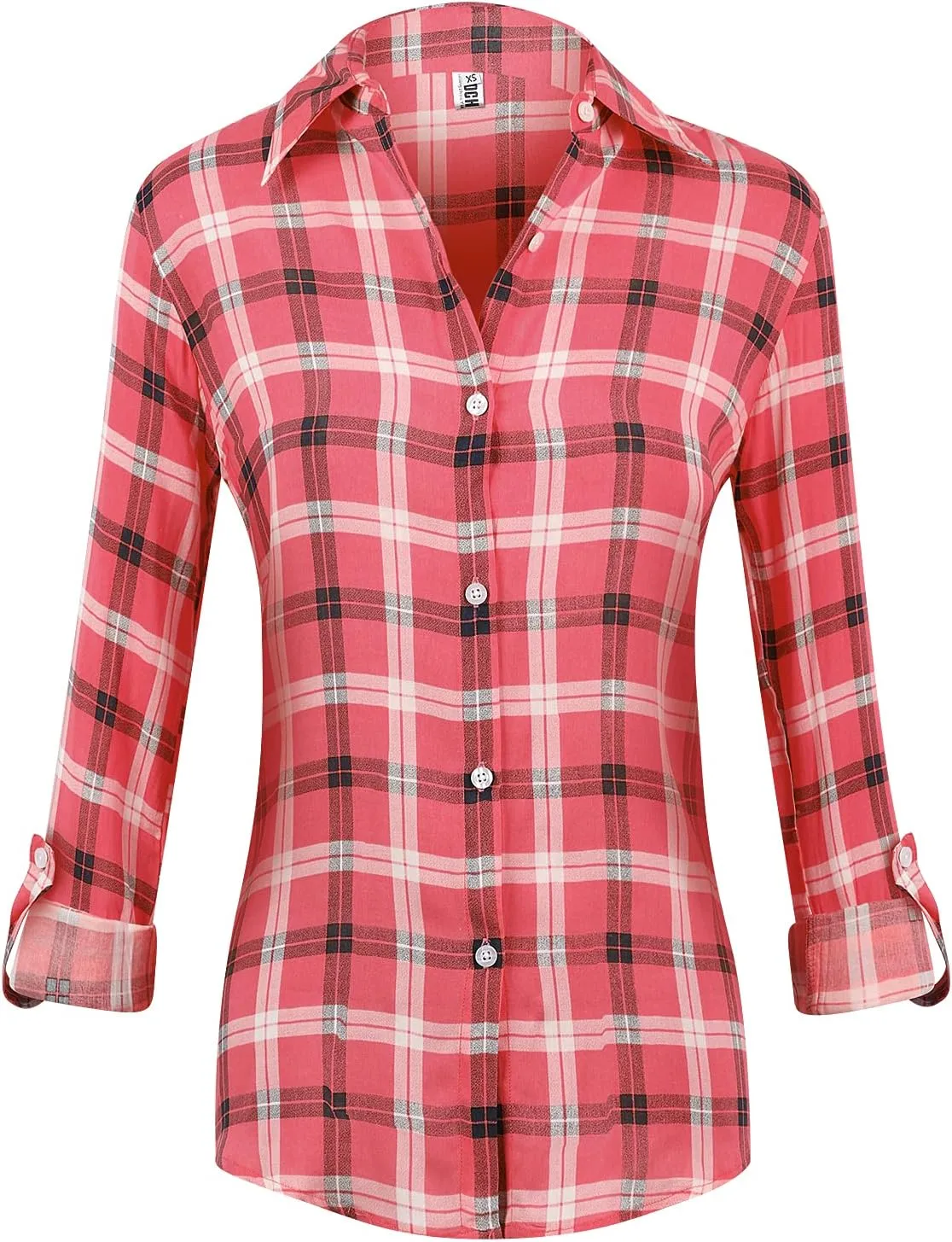 Aeslech Lightweight Plaid Shirts for Women Button Down Roll Up Sleeve Casual Tops Blouse