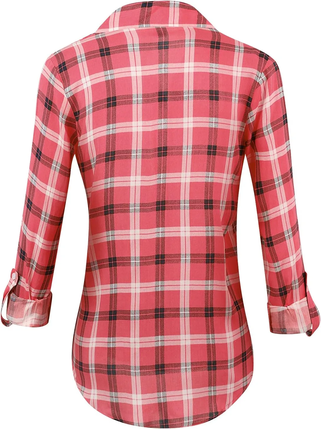 Aeslech Lightweight Plaid Shirts for Women Button Down Roll Up Sleeve Casual Tops Blouse