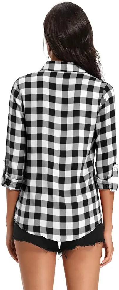 Aeslech Lightweight Plaid Shirts for Women Button Down Roll Up Sleeve Casual Tops Blouse