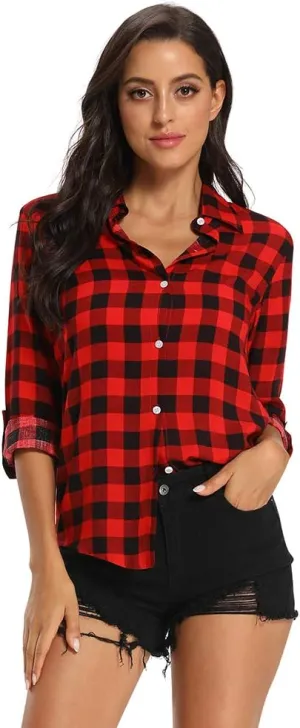 Aeslech Lightweight Plaid Shirts for Women Button Down Roll Up Sleeve Casual Tops Blouse