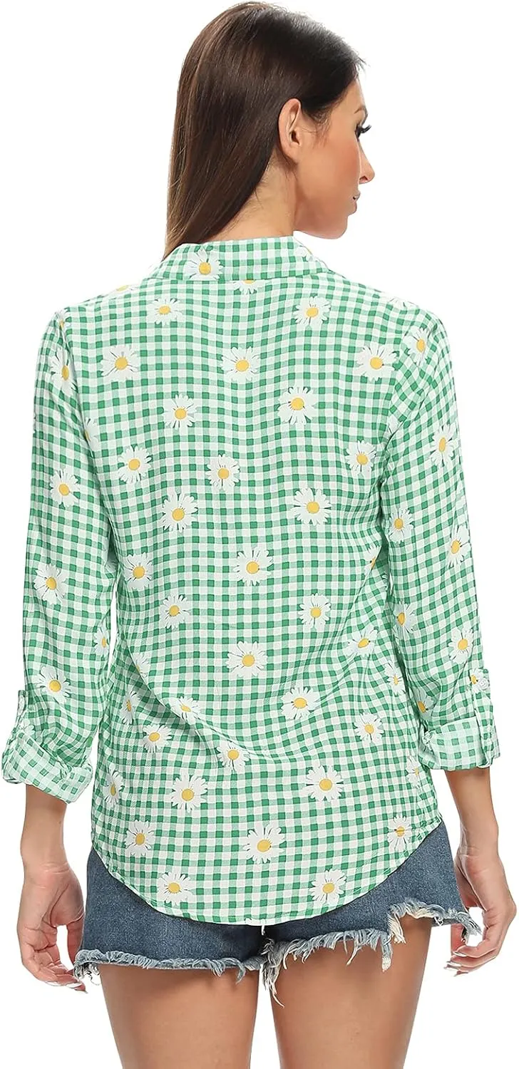 Aeslech Lightweight Plaid Shirts for Women Button Down Roll Up Sleeve Casual Tops Blouse