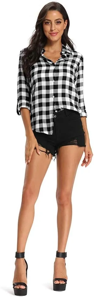 Aeslech Lightweight Plaid Shirts for Women Button Down Roll Up Sleeve Casual Tops Blouse