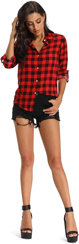 Aeslech Lightweight Plaid Shirts for Women Button Down Roll Up Sleeve Casual Tops Blouse