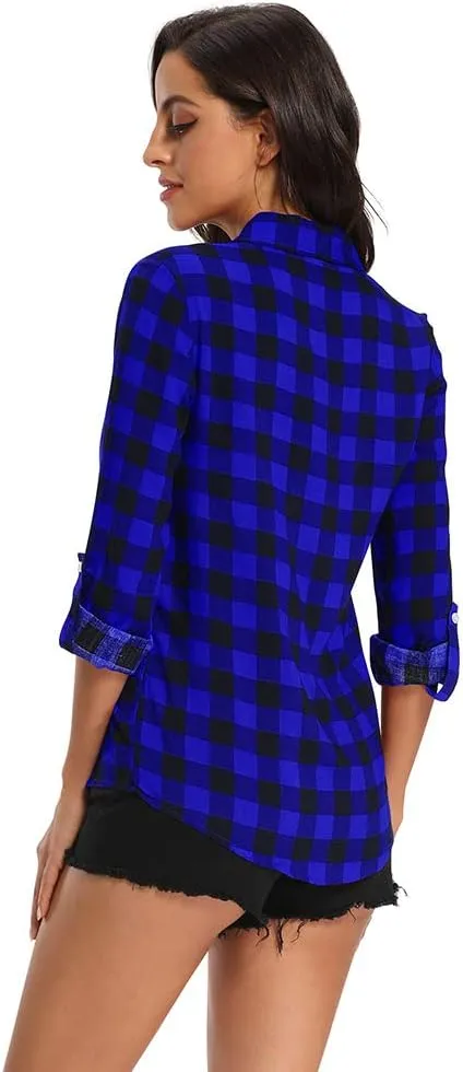 Aeslech Lightweight Plaid Shirts for Women Button Down Roll Up Sleeve Casual Tops Blouse