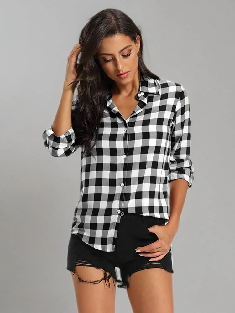 Aeslech Lightweight Plaid Shirts for Women Button Down Roll Up Sleeve Casual Tops Blouse