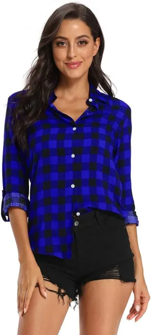 Aeslech Lightweight Plaid Shirts for Women Button Down Roll Up Sleeve Casual Tops Blouse