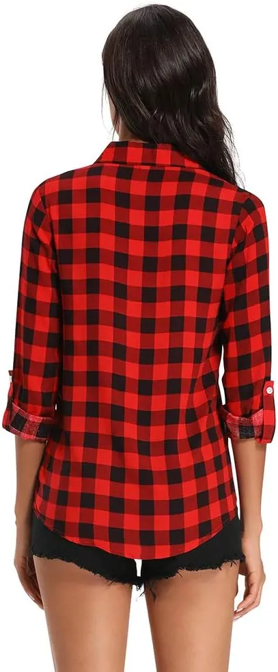 Aeslech Lightweight Plaid Shirts for Women Button Down Roll Up Sleeve Casual Tops Blouse