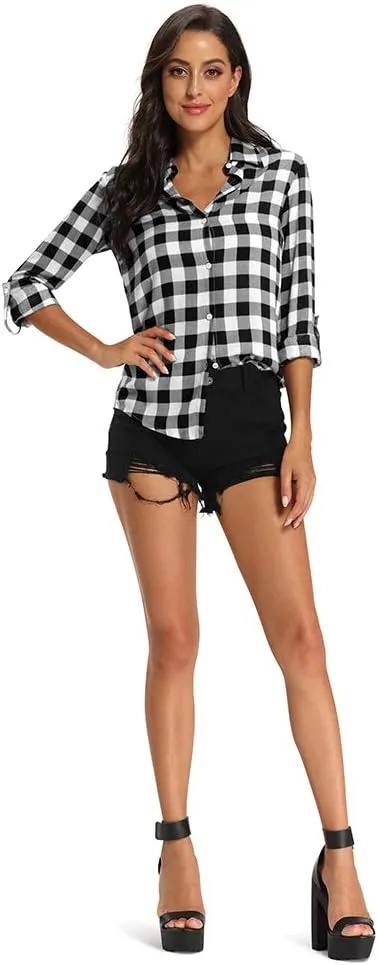 Aeslech Lightweight Plaid Shirts for Women Button Down Roll Up Sleeve Casual Tops Blouse