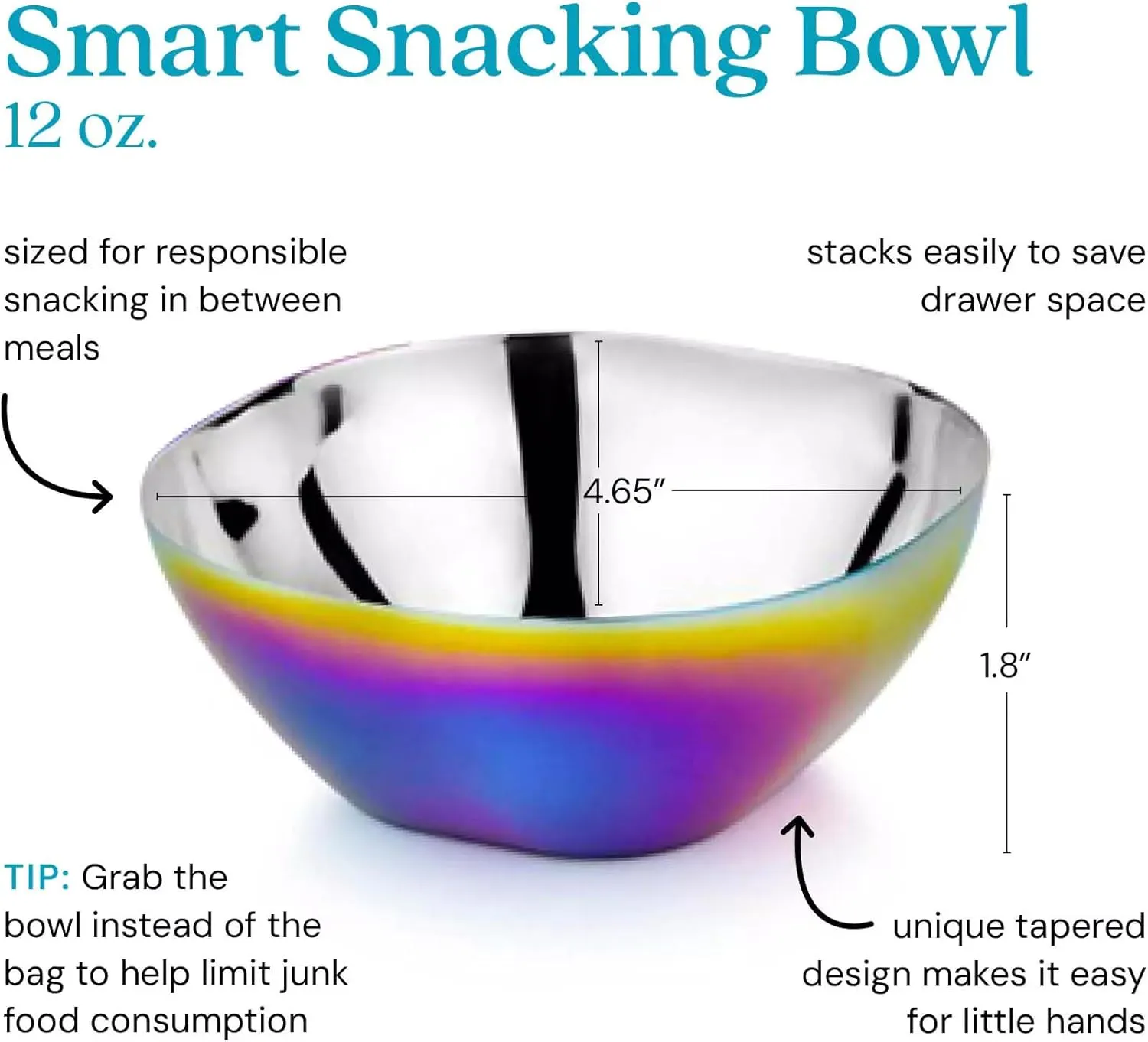 Ahimsa Stainless Steel Bowls for Kids - Pediatrician Designed, 12oz Toddler Bowl, Non Toxic Stainless Steel Snack Bowls Set, Non Plastic Kids Bowl, Dishwasher Safe (Set of 4 Rainbow)