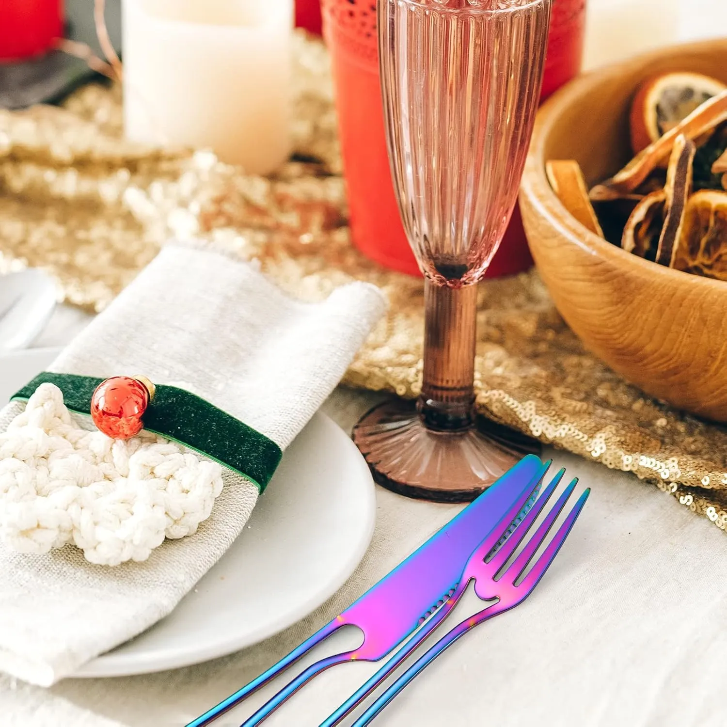 A·HOUSEWARE Iridescent Silverware Hollow Design 20 Piece Stainless Steel Flatware Set of 4 include Forks Spoons Knives Rainbow Utensils Color for Restaurant Parties Durable