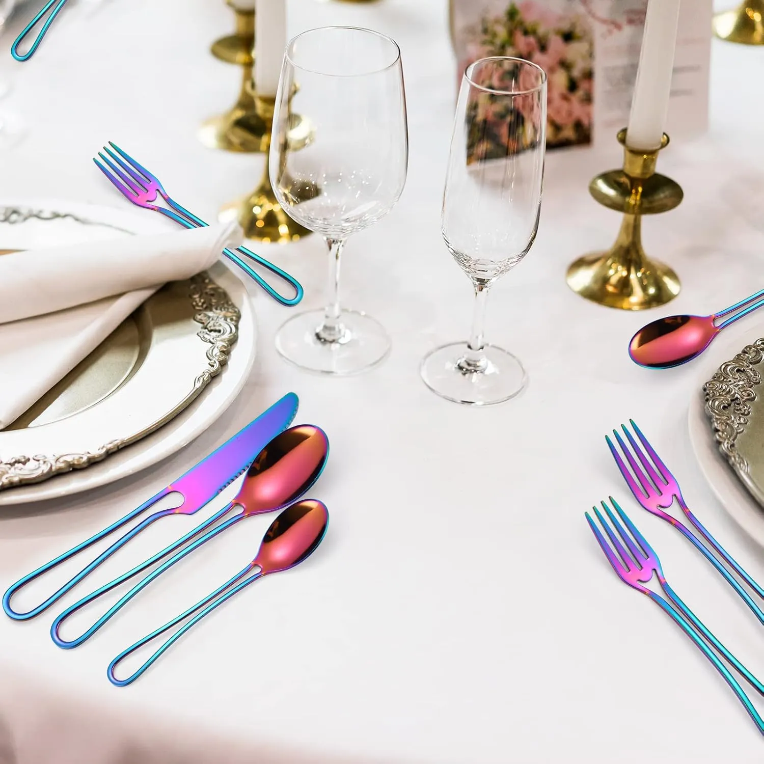A·HOUSEWARE Iridescent Silverware Hollow Design 20 Piece Stainless Steel Flatware Set of 4 include Forks Spoons Knives Rainbow Utensils Color for Restaurant Parties Durable