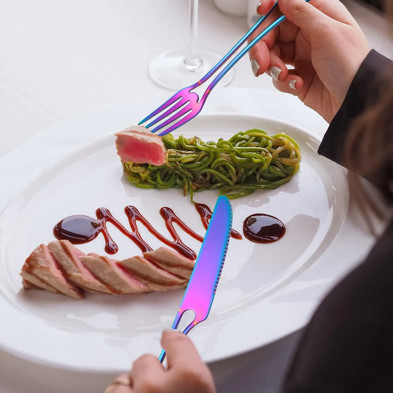 A·HOUSEWARE Iridescent Silverware Hollow Design 20 Piece Stainless Steel Flatware Set of 4 include Forks Spoons Knives Rainbow Utensils Color for Restaurant Parties Durable