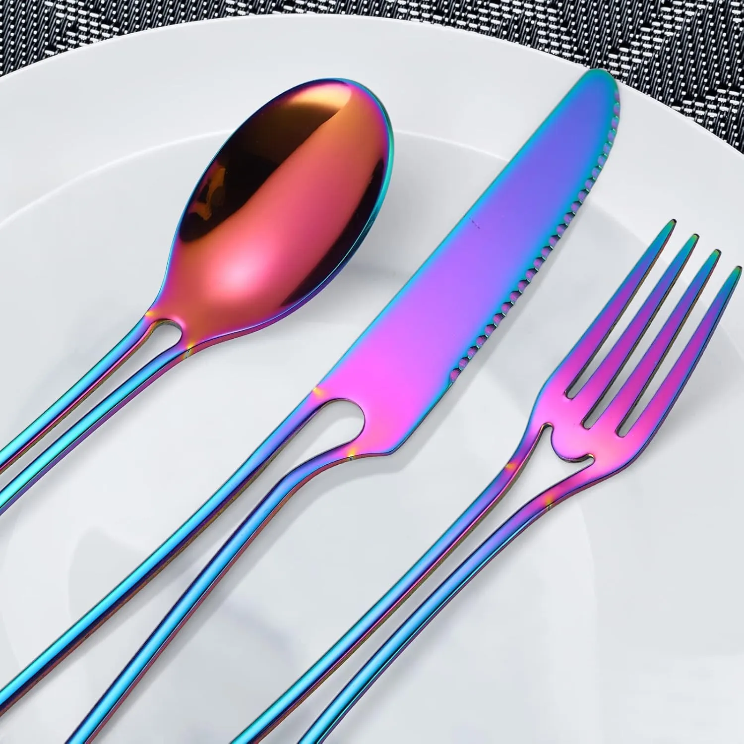 A·HOUSEWARE Iridescent Silverware Hollow Design 20 Piece Stainless Steel Flatware Set of 4 include Forks Spoons Knives Rainbow Utensils Color for Restaurant Parties Durable