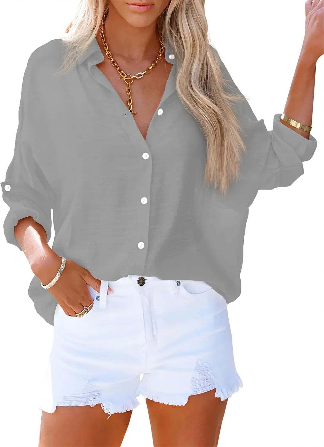 AISEW Womens Button Down V Neck Collared Shirts Dressy Casual Long Sleeve Roll Up Blouses Loose Cover Ups Tunic Tops