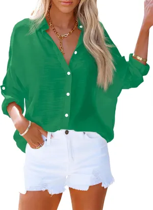 AISEW Womens Button Down V Neck Collared Shirts Dressy Casual Long Sleeve Roll Up Blouses Loose Cover Ups Tunic Tops