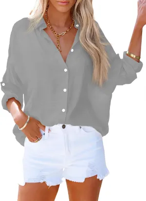 AISEW Womens Button Down V Neck Collared Shirts Dressy Casual Long Sleeve Roll Up Blouses Loose Cover Ups Tunic Tops