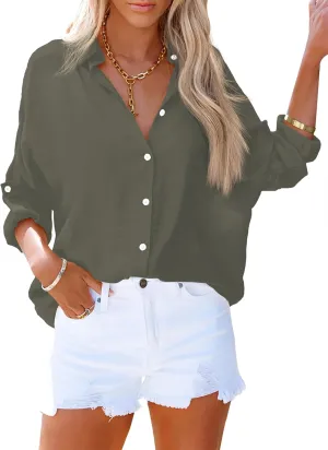 AISEW Womens Button Down V Neck Collared Shirts Dressy Casual Long Sleeve Roll Up Blouses Loose Cover Ups Tunic Tops