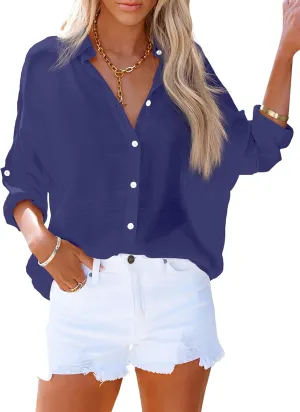 AISEW Womens Button Down V Neck Collared Shirts Dressy Casual Long Sleeve Roll Up Blouses Loose Cover Ups Tunic Tops
