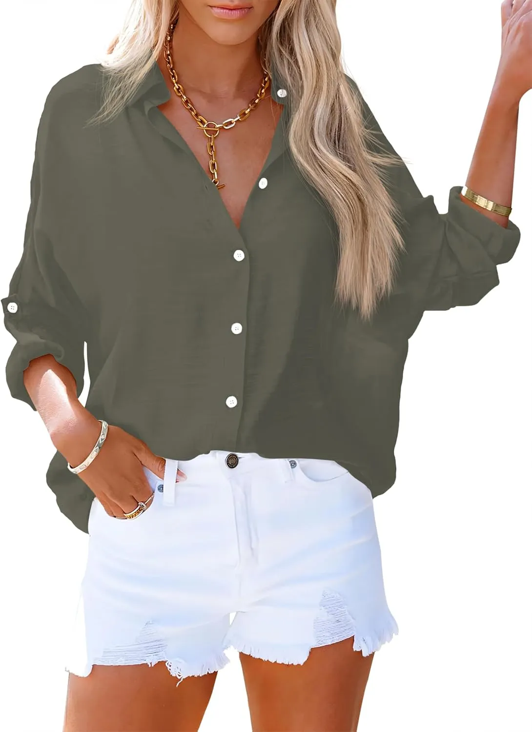 AISEW Womens Button Down V Neck Collared Shirts Dressy Casual Long Sleeve Roll Up Blouses Loose Cover Ups Tunic Tops