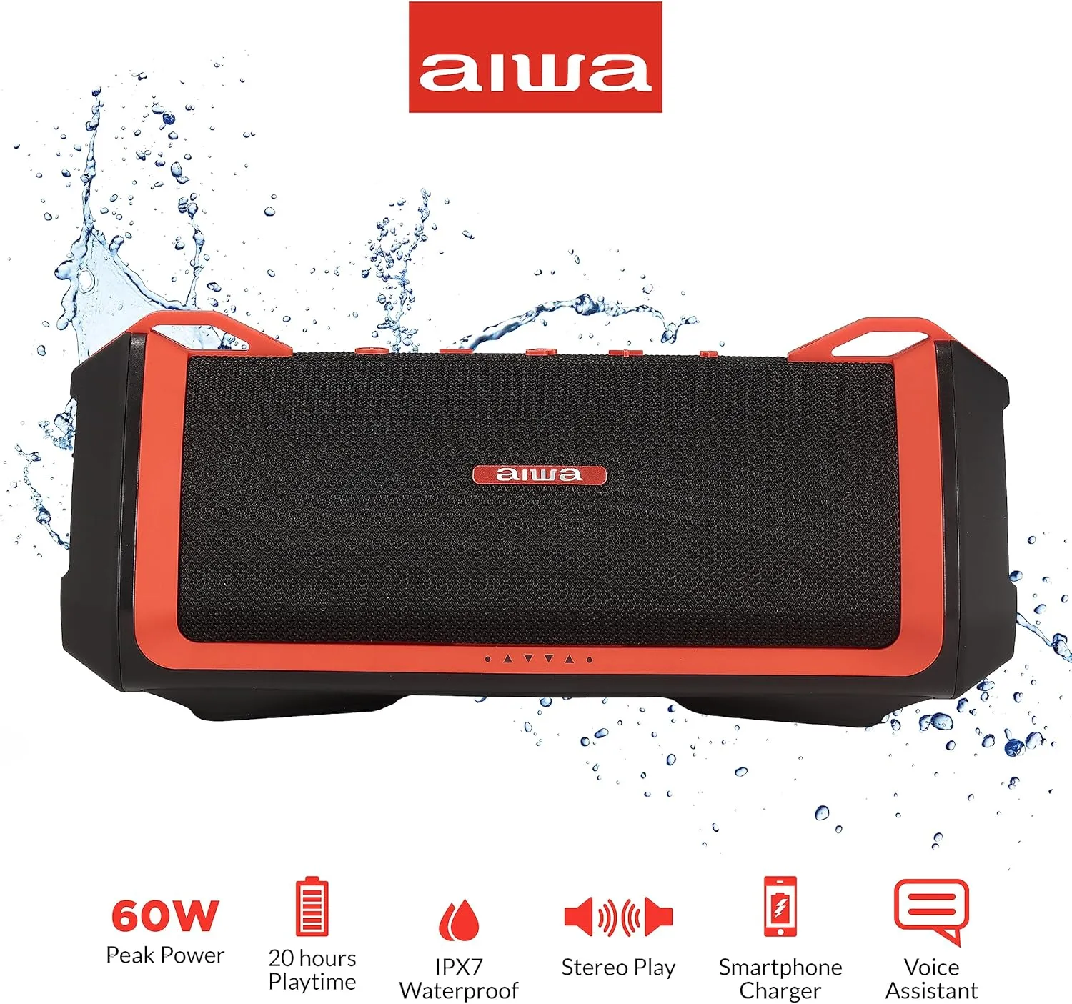 Aiwa Exos-3 Waterproof Bluetooth Speaker, 60W Peak Power, 20-Hour Playtime, Stereo Sound, USB-C Charging, IPX7 Waterproof, Wireless Pairing, Perfect for Outdoor Adventures