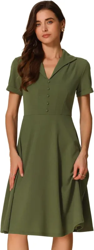 Allegra K Vintage Dresses for Women's 2025 Spring Flat Collar Short Sleeve Fit and Flare Dress