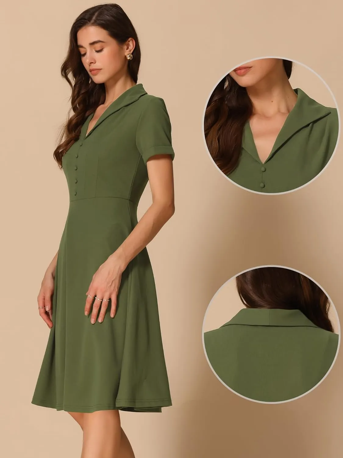 Allegra K Vintage Dresses for Women's 2025 Spring Flat Collar Short Sleeve Fit and Flare Dress