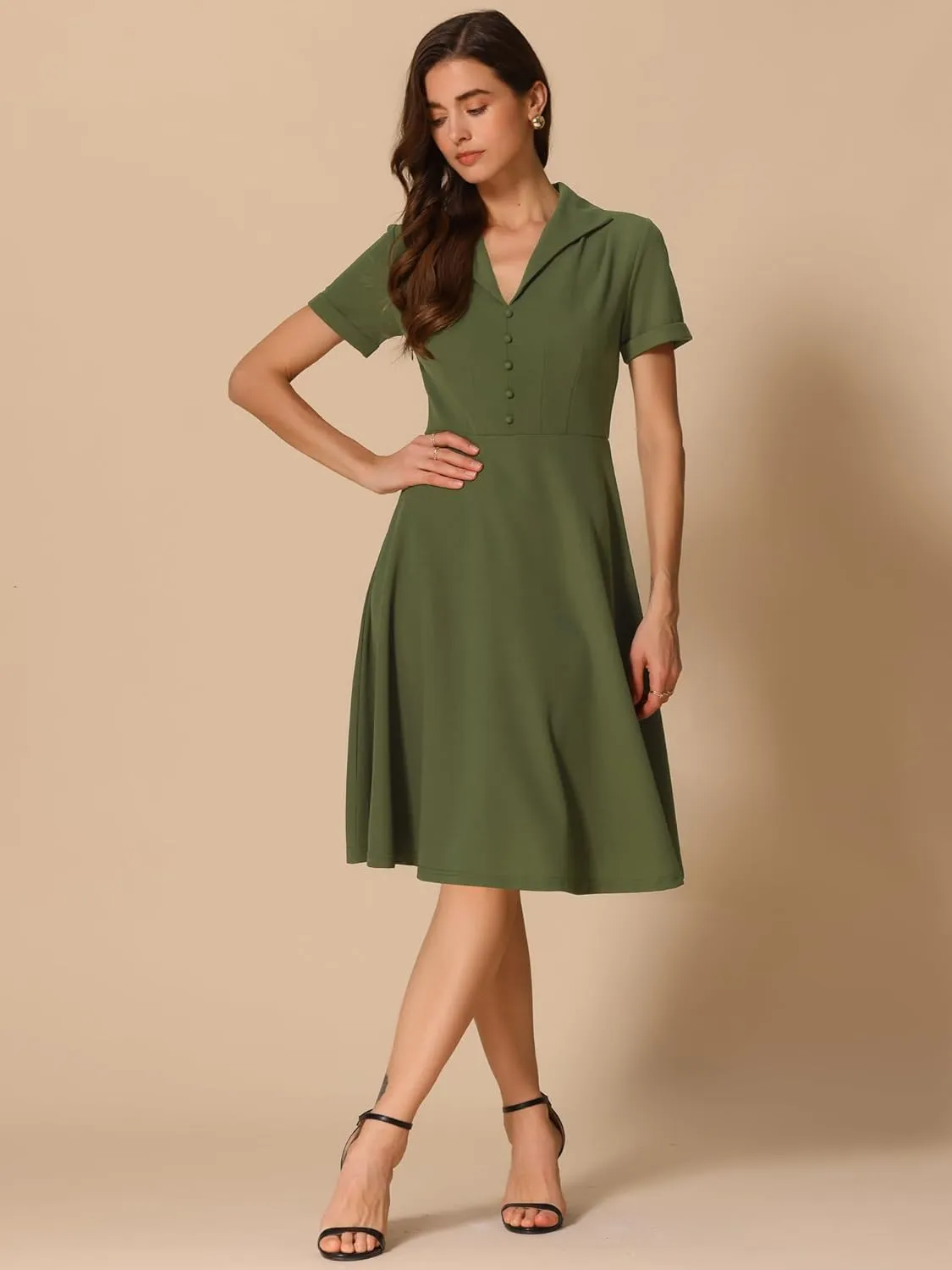 Allegra K Vintage Dresses for Women's 2025 Spring Flat Collar Short Sleeve Fit and Flare Dress