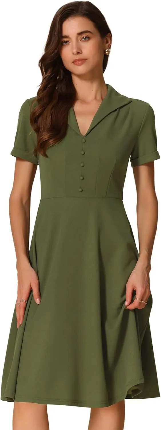 Allegra K Vintage Dresses for Women's 2025 Spring Flat Collar Short Sleeve Fit and Flare Dress