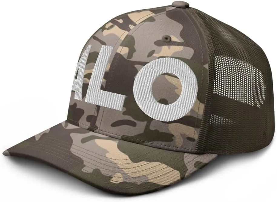 ALO Airport Hat (Embroidered Camouflage Trucker Cap) Flying to Waterloo Airport Gift