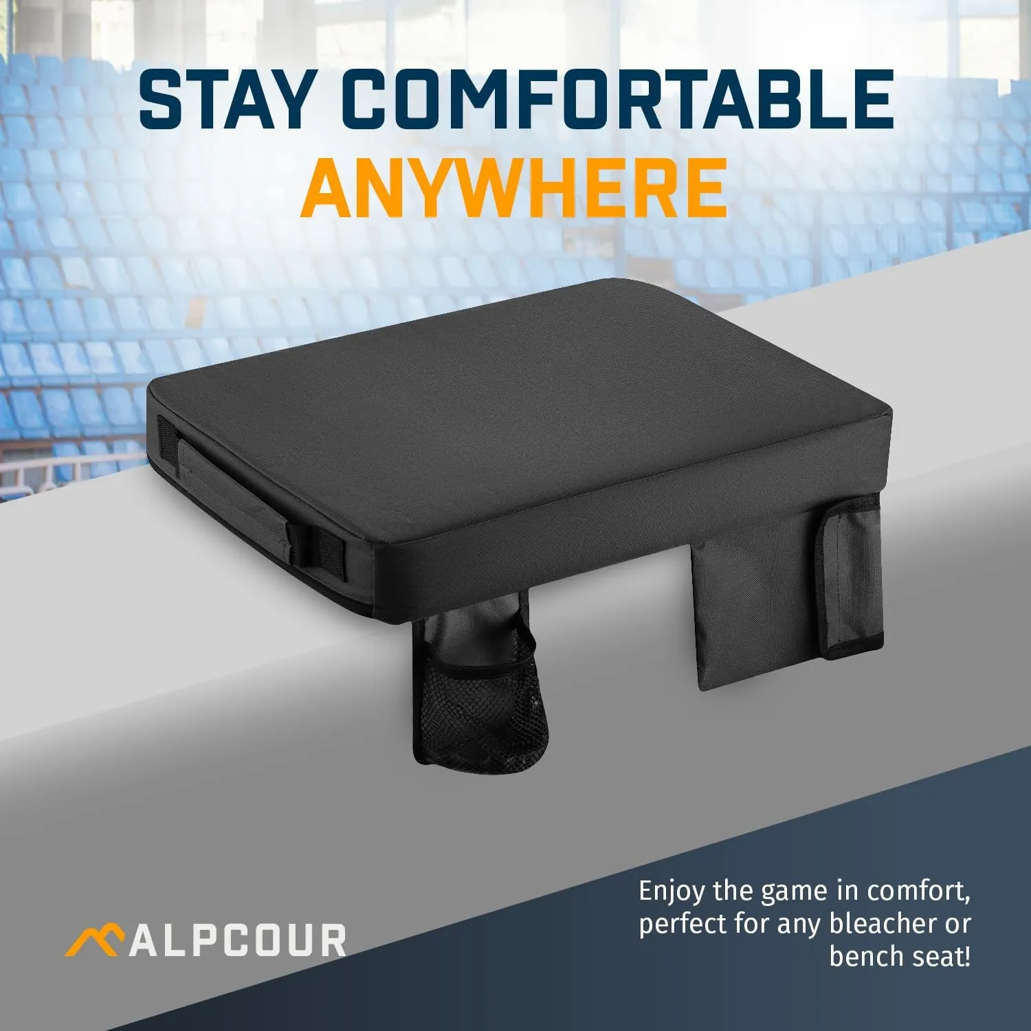 Alpcour Portable Extra Thick Heated Stadium Seat Cushion – Bleacher Cushion with Side Pocket, Cup Holder, Waterproof, Anti-Slip, and Straps – Perfect for Football Seats and Bench Seats for Bleachers