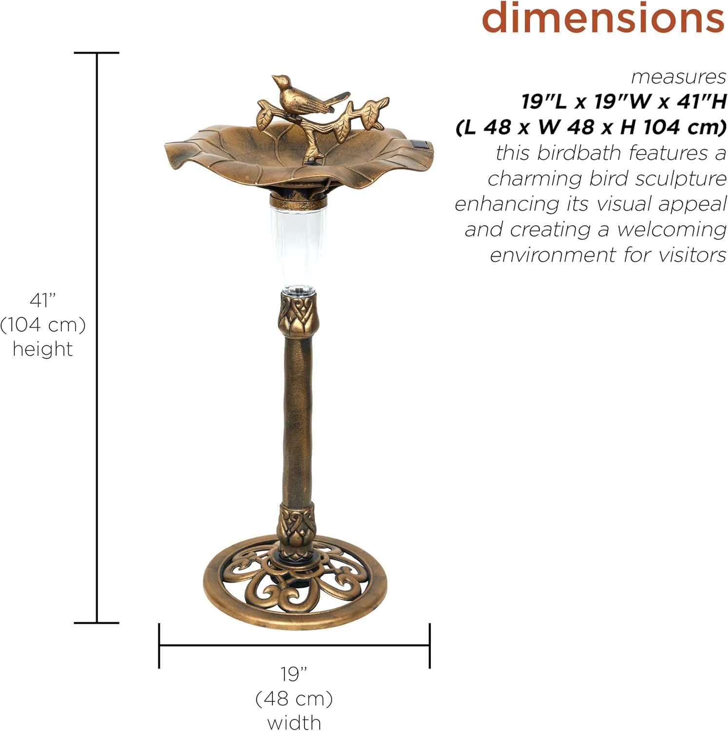 Alpine Corporation TEC316SLR Solar Birdbath with Birds and LED Light, LED Decor for Patio, Lawn & Garden, 41" H, Gold